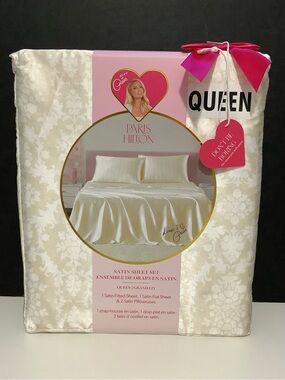 Paris Hilton Satin QUEEN Sheet Set in Ivory Cream, Light Tan, NEW